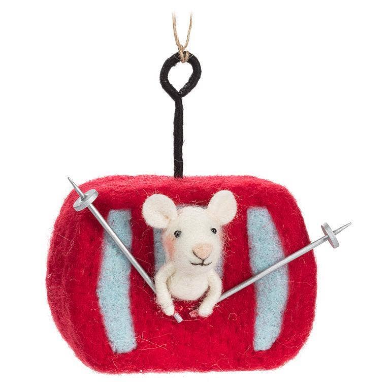 skiing mouse in gondola ornament