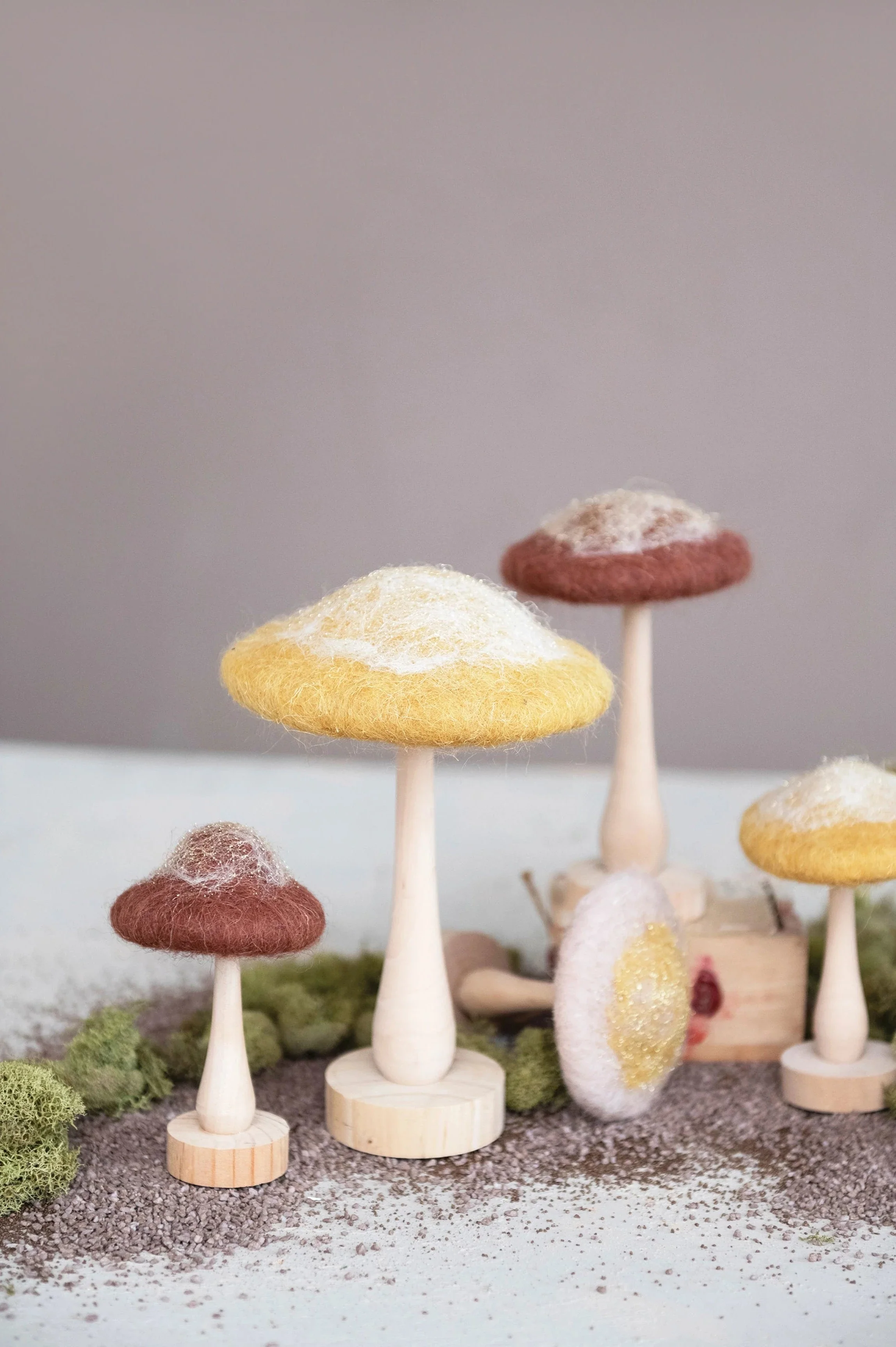 whimsical wool mushroom w. wood base + glitter - Image 2