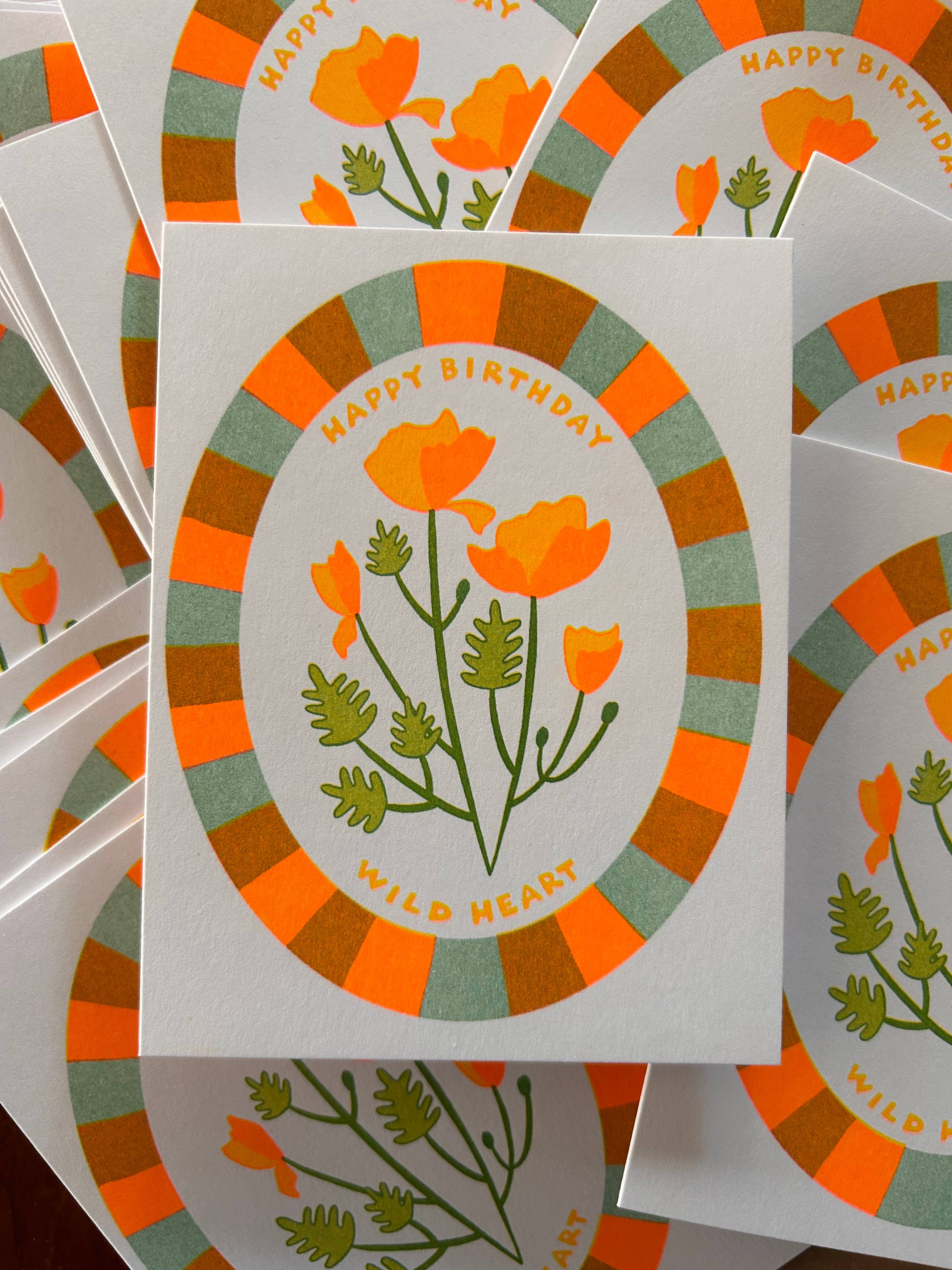 wild heart poppy birthday - risograph greeting card Â